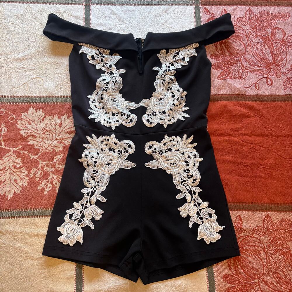 Charlotte Russe Black Off Shoulder Lace Applique Romper XS
